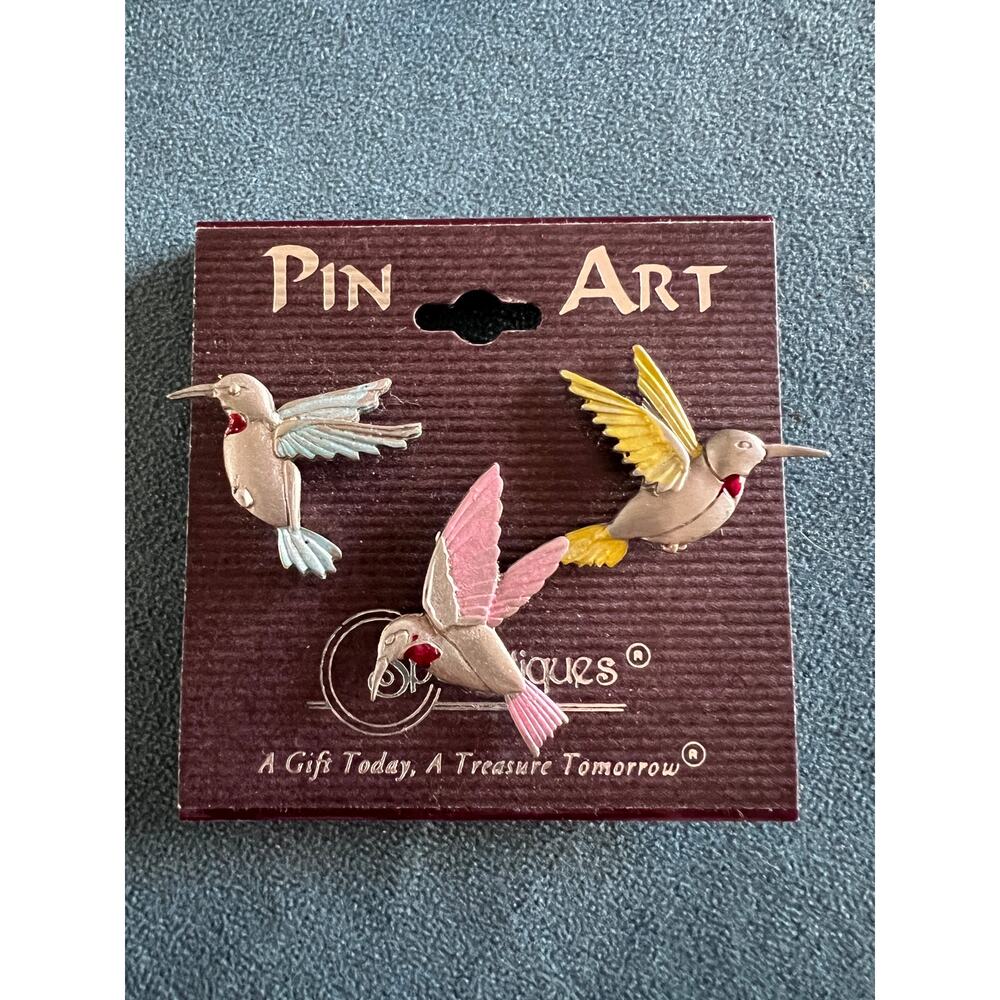 Spooniques Hummingbird Pin Set of 3 Colorful Enamel Brooches on Card Vintage